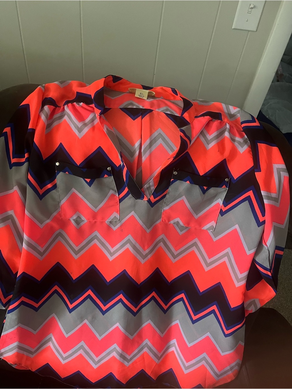 Wishful Park Women's Chevron Button Down Top - Neon Coral, Gray & Navy